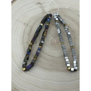 Set Of 2 Small Cube Shaped Beaded stretch bracelets Hematite/Silver/Gold Accents